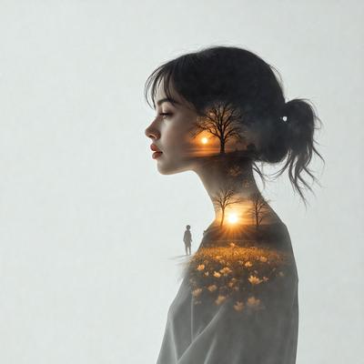 The primary subject of the image is a woman with a ponytail. She is the main focus of the image. The setting is a white background, which provides a clean and minimalistic environment. The visual style is a combination of a photo and digital art, creating a unique and artistic representation of the woman. The colors and mood of the image are predominantly white, giving it a calm and serene atmosphere.